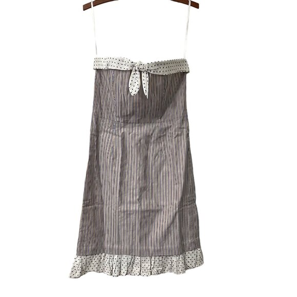 Tibi Beige Navy Striped Swiss Dot Trim Bow Strapless Retro Pinup Dress Size 4 - Picture 1 of 5